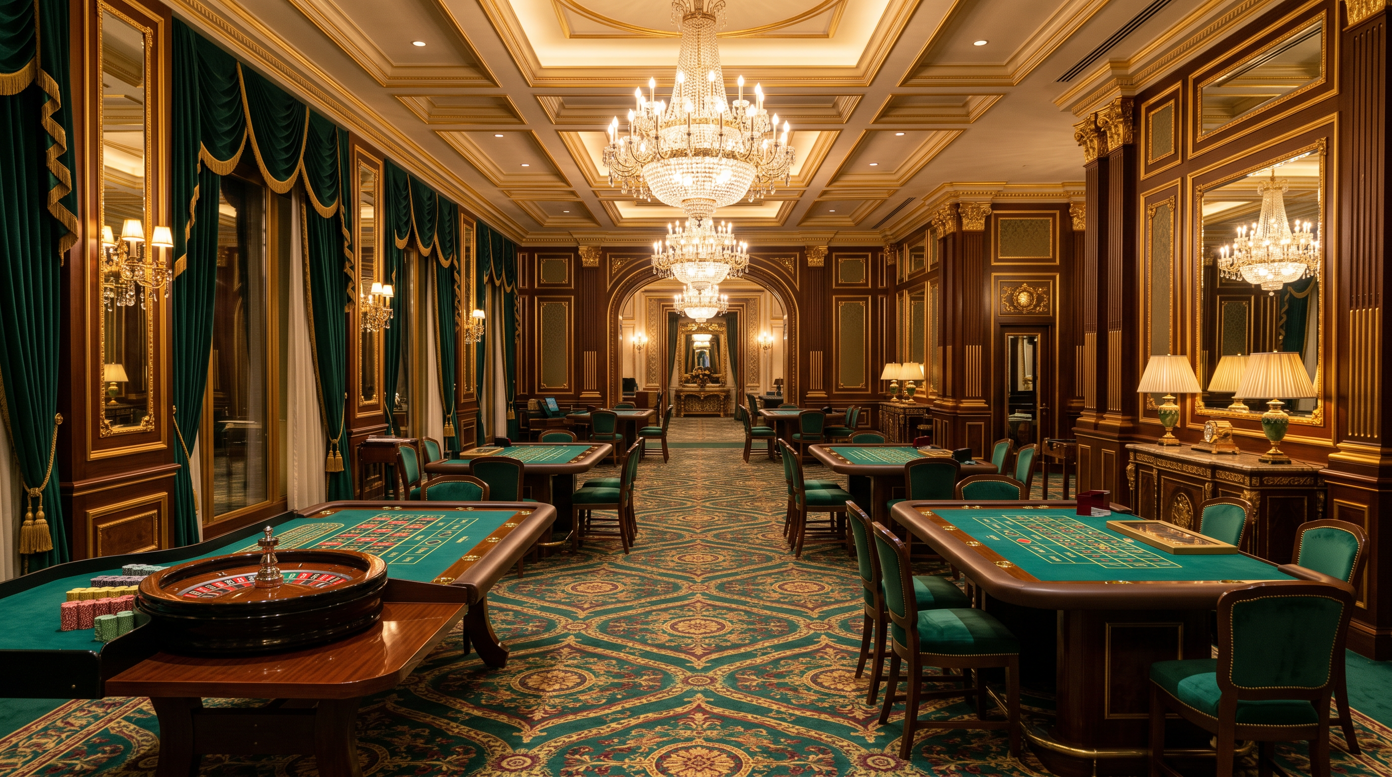 Elegant casino gaming floor with roulette and card tables