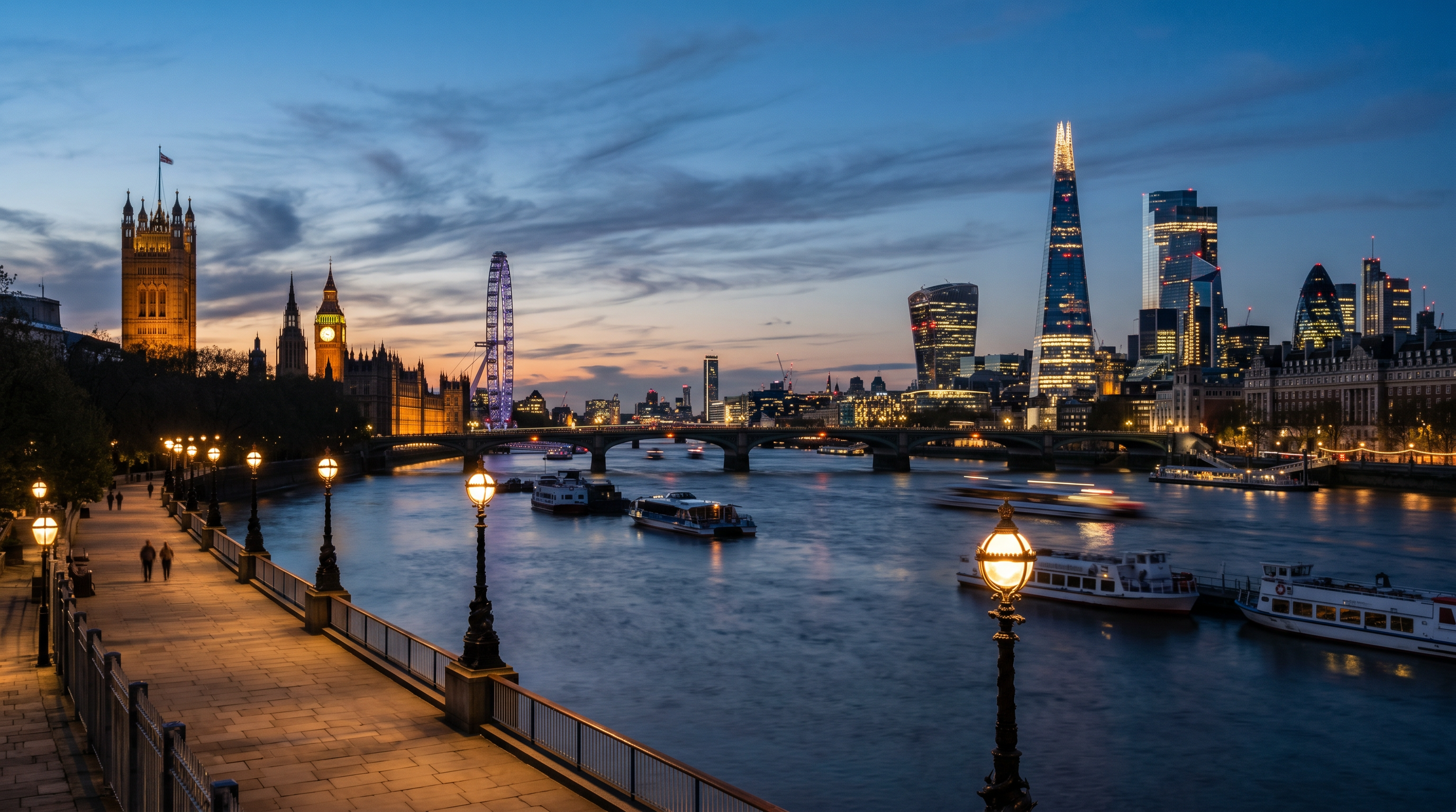 London city skyline near the hotel at dusk
