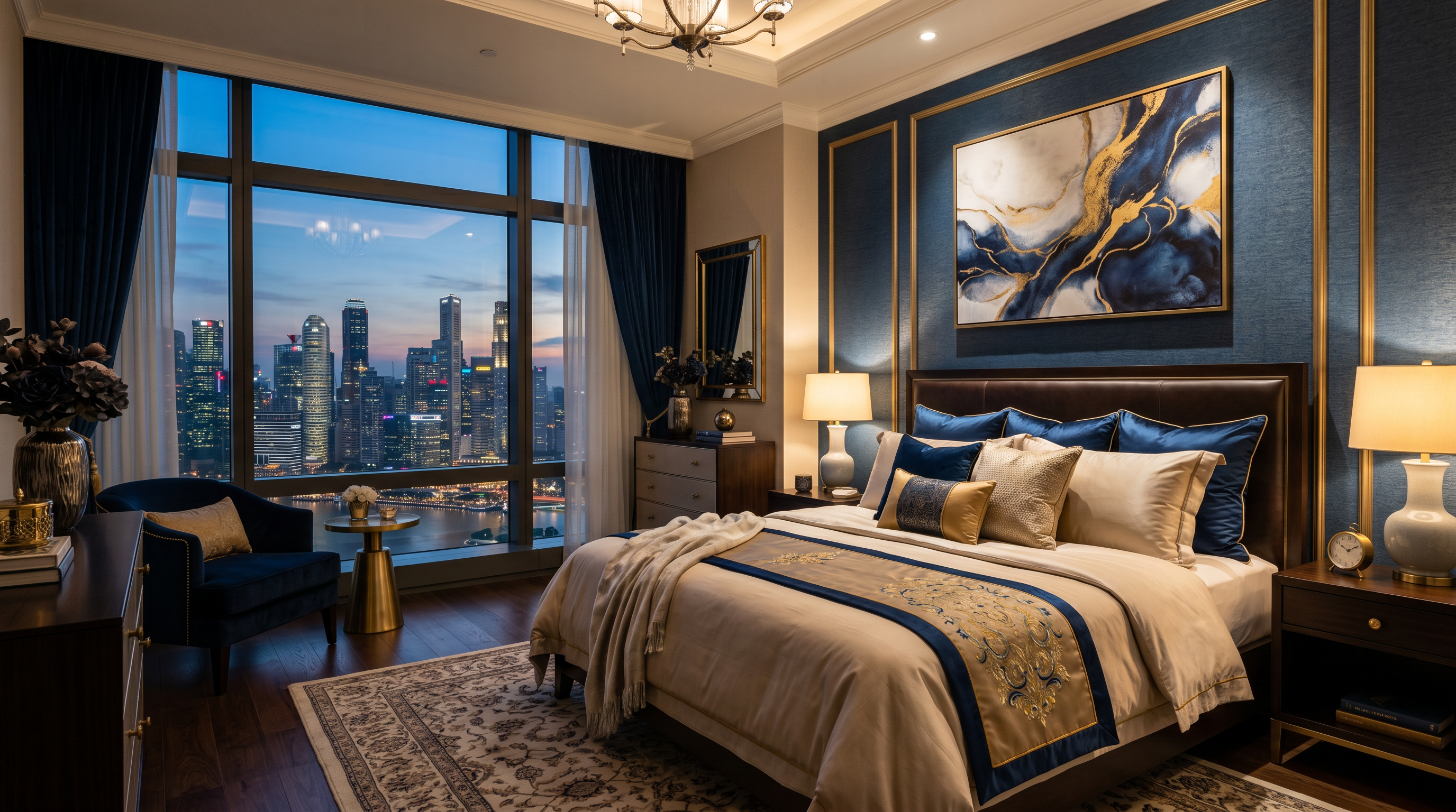 Elegant hotel suite bedroom with city view